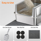 Stainless Steel Litter Box with Metal Lid and Scoop - Enclosed Metal Litter Box for Large Cats, Rust-Resistant, Odor-Control, Easy to Clean, Durable & Long-Lasting with Round Edge (XL-)