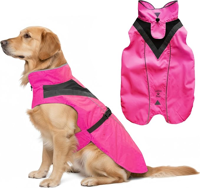 Waterproof Dog Rain Coat, Reflective Safety Strips & Leash Hole – Lightweight Adjustable Jacket for Medium Breeds - XL, Pink