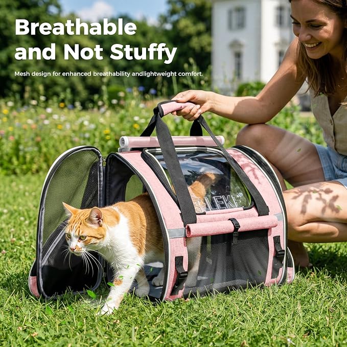 Lekereise Expandable Cat Backpack Carrier for Cats and Small Dogs up to 18 lbs, Widened Interior with 30% More Bottom Space, Rear Expansion up to 80% More Space, Breathable Mesh, Sun Shade, Pink