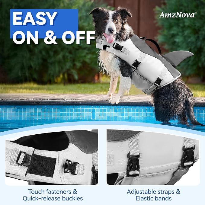 AMZNOVA Dog Swim Vest Shark Dog Life Jacket Life Vest | Lifejacket with Shark Fin & Handle for Boating & Swimming, High Visibility Adjustable for Doggy Cat Puppy, L, Grey