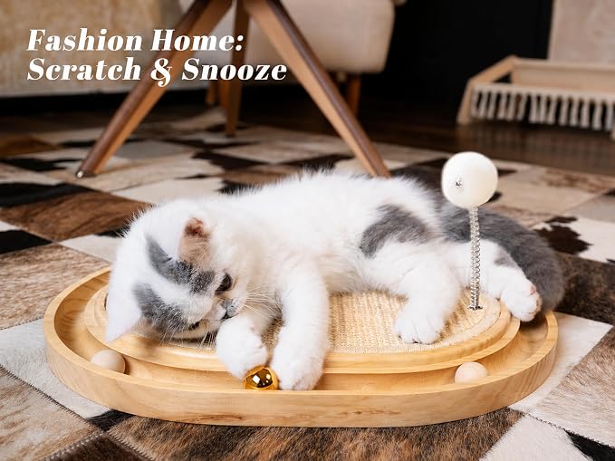 Sisal Cat Scratcher Pad, Wooden Interactive Cat Puzzle Toy | Sisal Scratching Pad with Ball, Kitten Mental Stimulation, Self Play, Home Enrichment, Physical Exercise, Natural Sisal