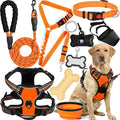 No Pull Dog Harness Adjustable Collar & Leash Set - Dog Halter Harnesses Collapsible Bowls & Poop Bag Dispenser Muzzle ID Tags Toys Fits Small Medium Large Dogs (Orange-XL)