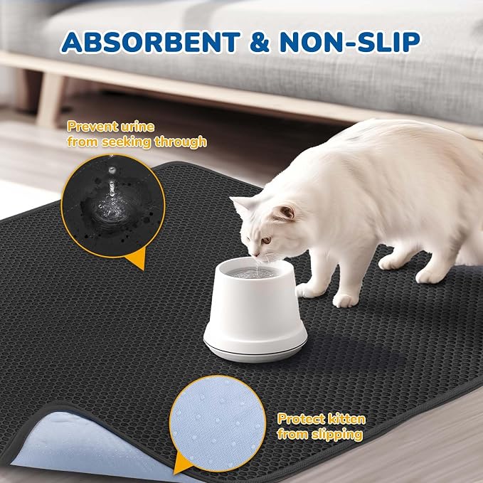 Cat Litter Mat 47" x 35", Washable Urine-Proof Non-Slip Black | Machine Washable, Upgraded Felt & Fabric Material Litter Mat for Fewer Creases, Hold 3-4 Litter Boxes, Soft on Paws
