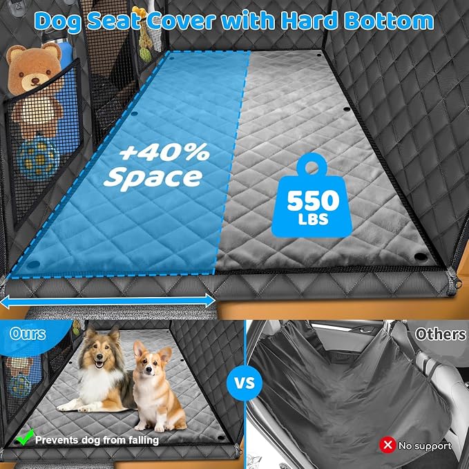 URPOWER Back Seat Extender for Dogs, Large Hard Bottom Dog Car Seat Cover | Supports 550 lbs, Stable 3-Panel Hard Bottom, Added High-Density Foam for Comfort, Waterproof 900D Oxford, 45% More Space