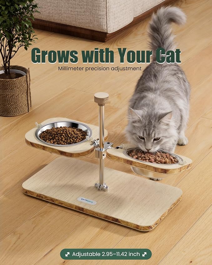 Elevated Cat Bowls with Wood Stand Adjustable Tilt (2 Cups/Bowl) | FSC Certified E0 Grade Frame,Whisker Fatigue Comfort,Dishwasher Safe Stainless Inserts,Non-slip Pads