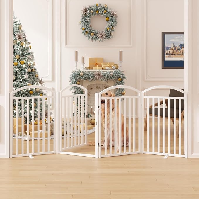 Foldable Pet Fence 80" Wide, 30" Tall,No-Assembly Dog Gate with Door,White | 4 Panels Metal Folding Freestanding Dog Gate Walk Through,Extra Accordion Puppy Folding Playpen for Doorways, Stairs,House