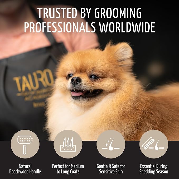 Tauro Pro Line Deshedding Slicker Wooden Brush for Dogs & Cats, Large (L) | Dematting & Detangling, for Medium to Long Coats, Flexible Cushion, Ideal for Retrievers & Maine Coons