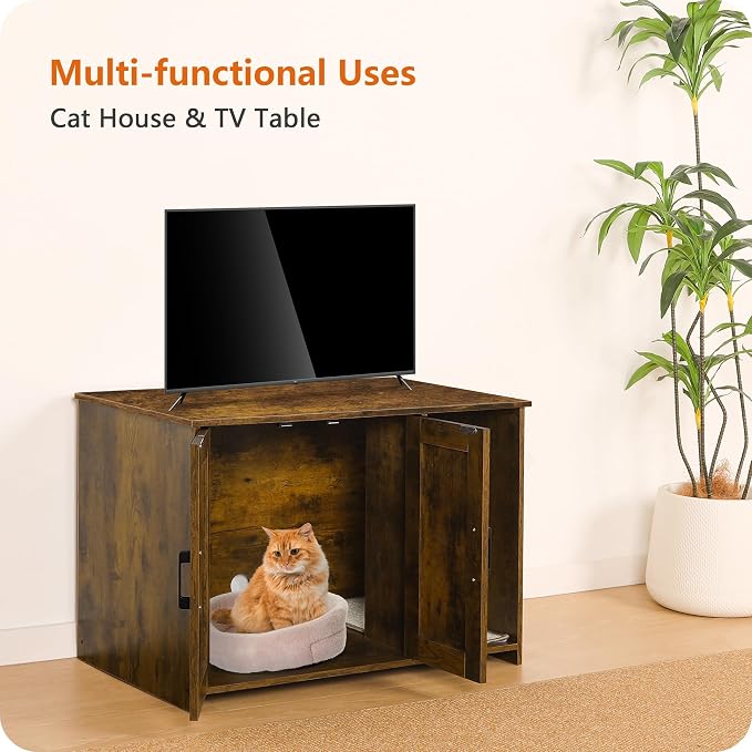 Dwanton Litter Box Enclosure, Cat Litter Box Furniture Hidden, with Scratching Mat, Wooden Cat Washroom Indoor, 31.5" L x 19.7" W x 21.7" H, Rustic Brown