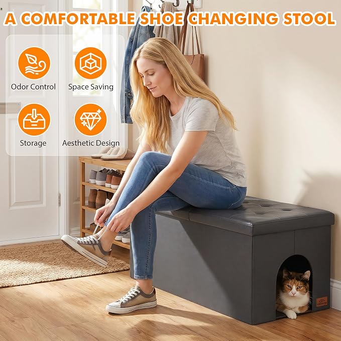 Cat Litter Box Enclosure Furniture for Odor Control,Hidden Cabinet Cat | Litter Box Furniture Ottoman With Flip-Up Lid,Cats Litter Box Bench With Storage Space，Dog Proof (Gray-Faux Leather,X-Large)