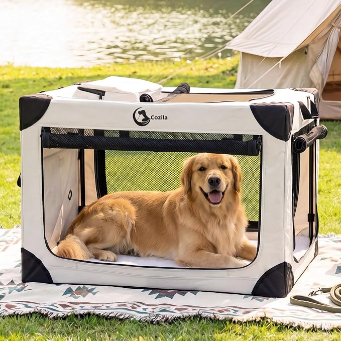 Portable Collapsible Soft Dog Crate for Extra Large Dogs,42in Grey | Oxford Cloth Travel Camping dog kennel with 4 Mesh Windows & 2 Storage Pockets,for Indoor & Outdoor Use