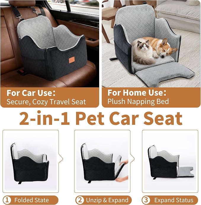 XEEP Dog Car Seat Bed for Small/Medium Dogs Up to 35 lbs, Memory Foam | 2-in-1 Design, Includes Blanket & Urine Pad, 2 Height-Adjust Cushions, Two Safety Tethers, Machine Washable Cover(Black/Grey)