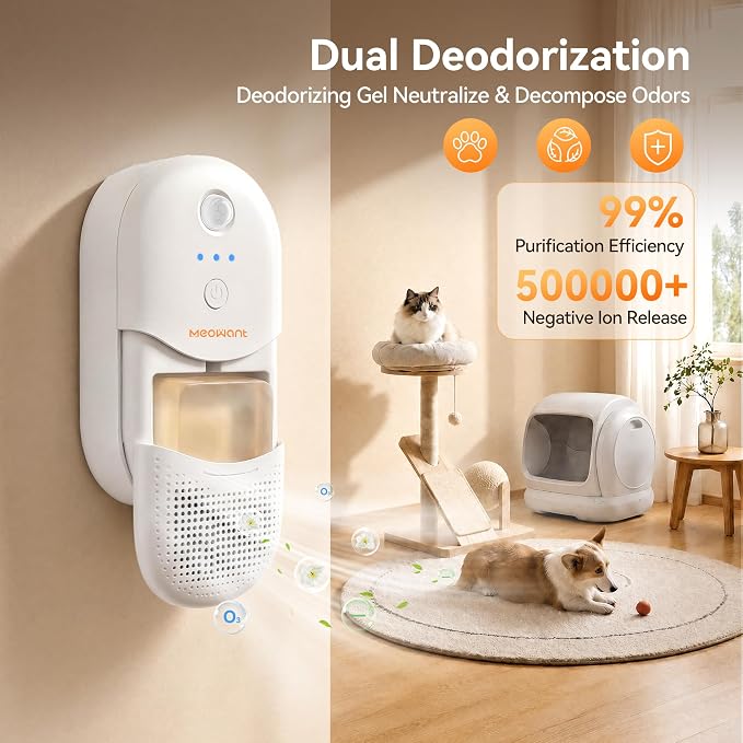 Meowant Cat Litter Odor Deodorizer, Negative Ion Air Purifier with Odor Deodorant Gel, 3 Auto Modes Pet Odor Eliminator with Sensor Monitor, Rechargeable Wireless Odor Remover for Multi-Pet Home