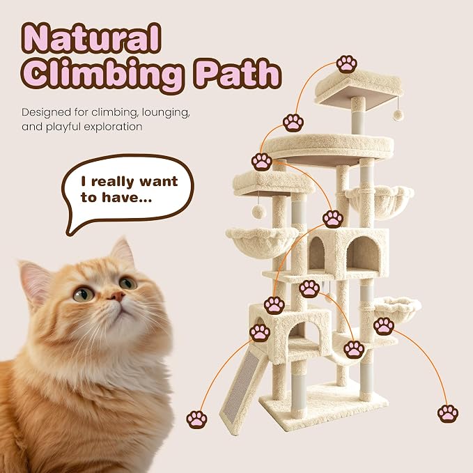 SHA CERLIN 82 inch Cat Tree Tower, Multi-Level Cat Condo with Plush Perches, Sisal Scratching Posts, Hammock and Toys, Stable Cat Tower for Kittens and Adult Cats, Beige