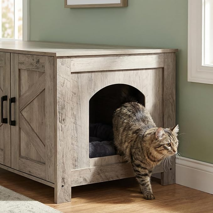 Homhedy 47.2”L Cat Litter Box Enclosure for 2 Cats, Greige | Wooden Litter Box Furniture Hidden with Double Room, Cat Washroom, Cat House, Dog-Proof, TV Stand,Farmhouse Style