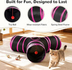 Tempcore Cat Tunnel for Indoor Cats, 3 Way Collapsible Pet Play Tunnel with Teaser Wand, Peek Holes & Hanging Ball, Interactive Tube for Kittens & Rabbits, Black & Rose Red