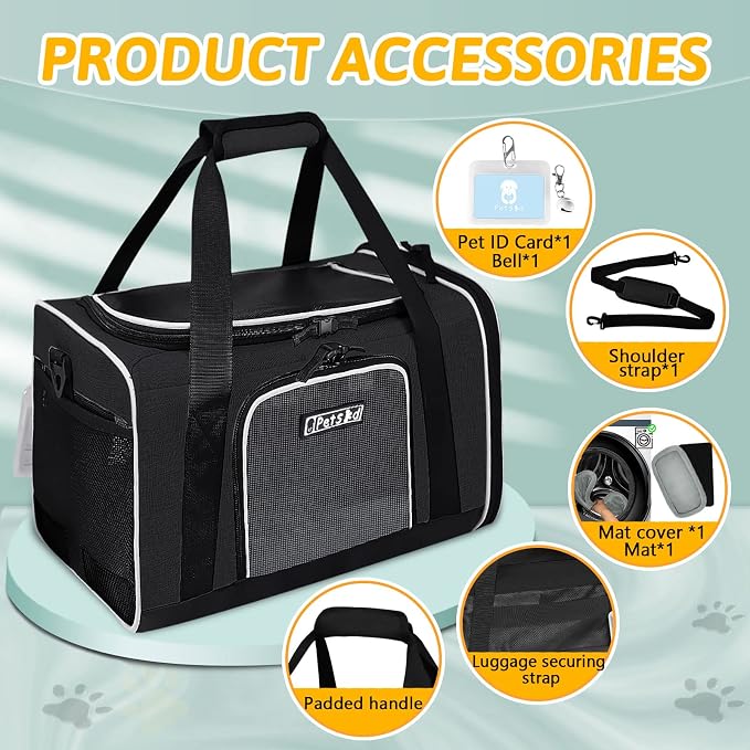 Petskd Small Pet Carrier 18" L x 11" W x 11" H Airline Approved, Black | for Delta/American/United Airlines, Lockable Safety Zippers and Anti-Scratch Mesh, Pets Under 10 lbs