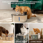 Wireless Cat Water Fountain Stainless Steel 108oz/3.2L, Cordless, Battery Operated Cat Fountain (Last up to 50 Days), Ultra Quiet, 2 Flow Modes, Multi-Filtration, BPA Free - Black +6 Filters