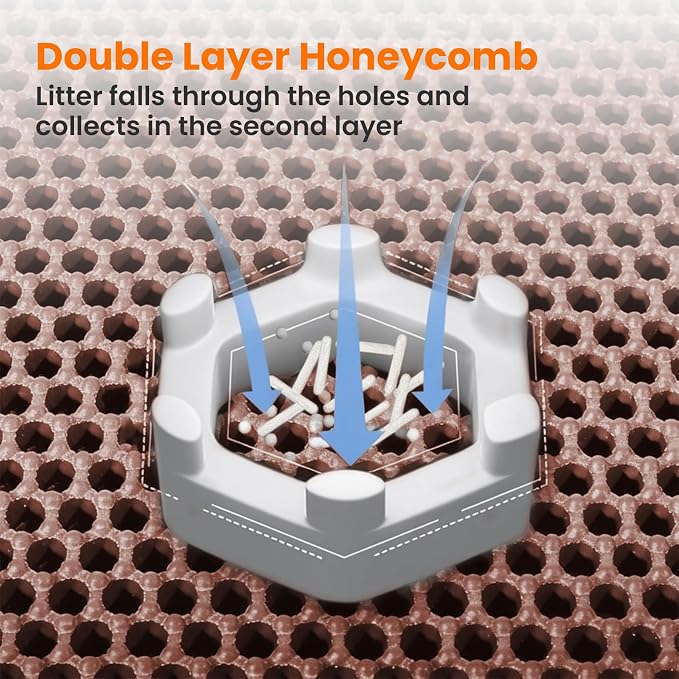 Cat Litter Mat, Double Layer Honeycomb Litter Box Mat | 24x18”, Efficient Litter Trapping, Easy to Clean, Waterproof, Non-Slip, Soft on Paws, Scratch Resistant, Brown, Large