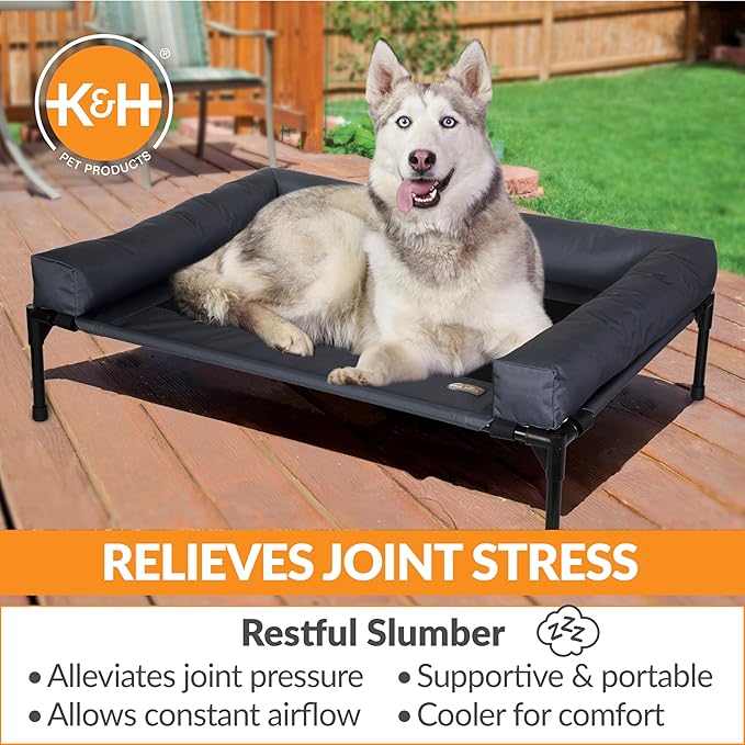 K&H Outdoor Elevated Dog Bed, Bolster Pet Cot, Large 42x30in, Charcoal | Pet Cot for Large Pets, Washable Mesh Center Hammock with Removable Washable Bolsters, Indoor / Outdoor Dog Bed, Metal Frame