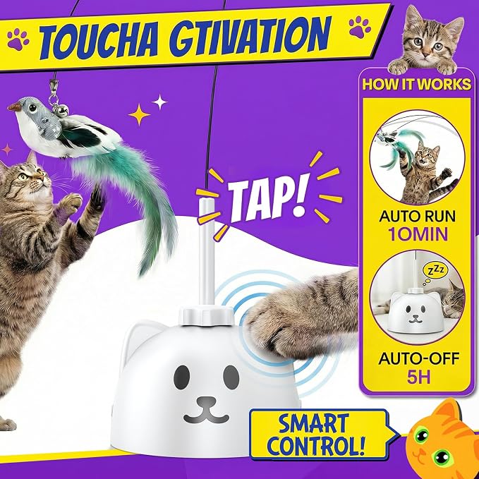 Interactive Cat Toys for Indoor Cats, 360° Automatic Spin Flying Bird Wand | 8cm Suction Cup & Weighted Base, Silicone-Protected Rod, USB Rechargeable with Replaceable Feather & Streamer Attachments