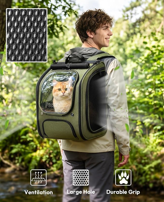 Pecute Cat Backpack Carrier,Large Space Dog Bubble Backpack,Ergonomic,Green | Bubble Transparent Window,Sunshade Curtain,Safety Rope,Sturdy,Large Mesh for Breathability,Suitable for Outdoor,Vet