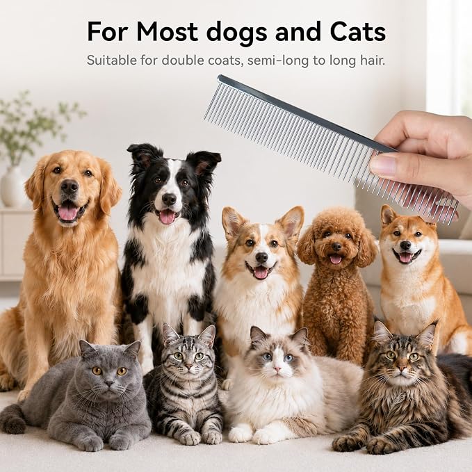 Stainless Steel Dog & Cat Comb with Coarse/Fine Teeth, Professional Pet Grooming Tool, Dematting Undercoat Comb for Long Hair, Double Coats Dogs Cats Removing Tangles and Knots, Silver