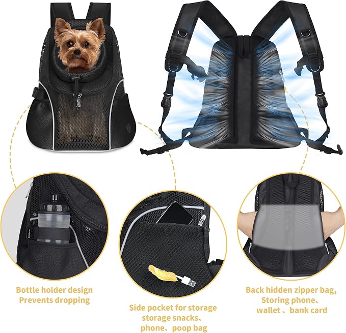 WOYYHO Pet Dog Carrier Backpack, Ventilated Mesh Small Dog Front Backpack | Breathable Puppy Back Pack, with Safety Belt, Storage Pockets, for Travel Hiking Cycling Outdoor Adventures, Black, S