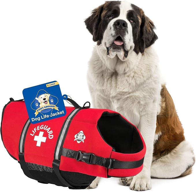 Dog Life Jacket — Premium Swim Vest with SafeChin Anti-Choke Collar | PAWS Aboard Red | RapidLift Rescue Handle, D-Ring, Reflective Trim | Boating, Kayaking, Pool | X-Large (80–110 lbs)