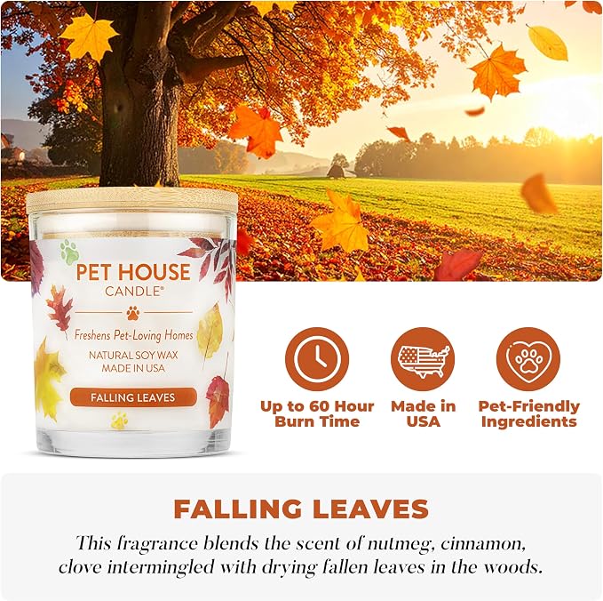 Pet House Fall Candles, Long Lasting, Clean Burning, Soy Wax Scented Candles for Pet Odor, Falling Leaves