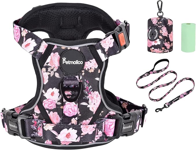 Petmolico Large Dog Harness Set, Reflective Vest Harness, 2 Leash Attachments, Rope Leash, Poop Bag Holder, Black with Pink Rose