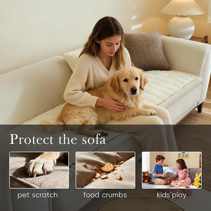 Linear Grid Couch Cover for Dogs Non Slip - Thick Wear-Resistant Pet Sofa Protector for 3 Cushion Couch Large Silicone Particles Washable Furniture Mat for Dogs Cats Sectional