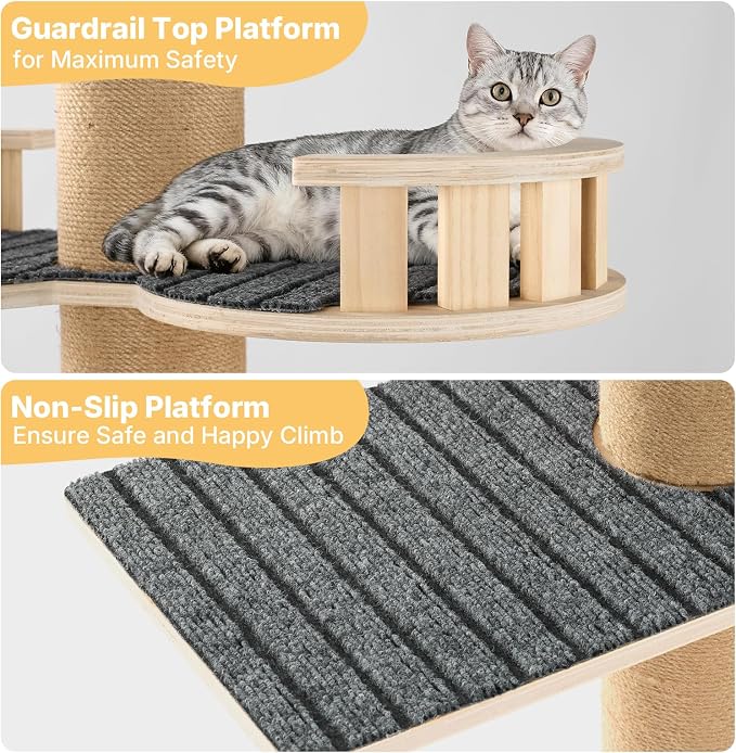 Veehoo Floor to Ceiling Cat Tree, 61-113" Adjustable Tall Tension Cat Tower | 4.5" Sturdy Thickened Scratching Posts, Space-Saving, 6 Tier Climbing Pole, No Drilling, Corner Tree for Indoor Cat, Wood