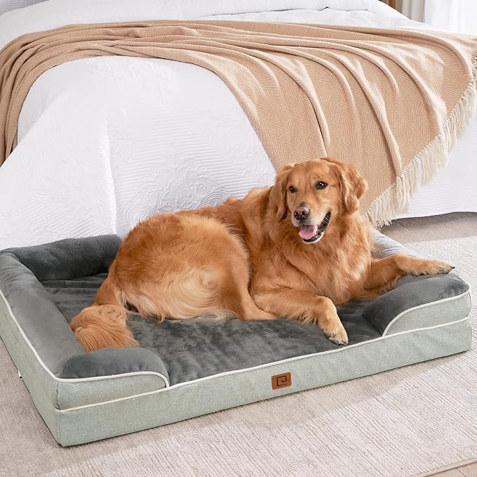 EHEYCIGA Orthopedic Dog Beds for Large Dogs, Waterproof Memory Foam Large Pet Bed with Sides, Non-Slip Bottom and Egg-Crate Foam Dog Couch Bed with Washable Removable Cover, Greyish Green