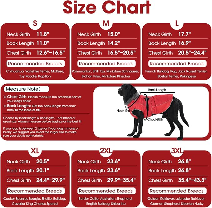QBLEEV Warm Dog Jacket - Reflective, Adjustable Winter Coat with Turtleneck for Cold Weather, Waterproof Fleece Snowsuit for Small, Medium, Large Dogs