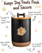 Miamolo Dog Treat Container Airtight Seal, Training Dog Treat Jar with Lid | 8 Cups, Cast-iron Handle | Ceramic Dog Food Storage Container, Rustic Pet Cookie Jar, Gift for Dog Lovers | Paw Dotted Black