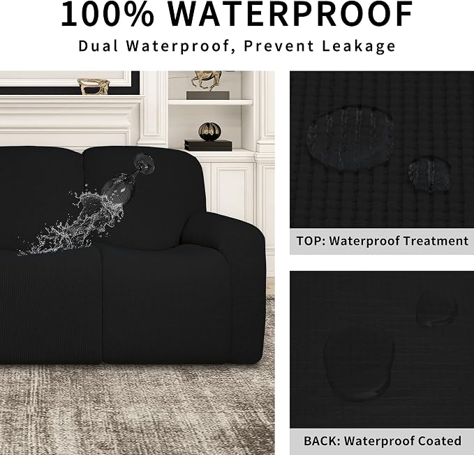 Easy-Going 100% Dual Waterproof Recliner Loveseat Cover, 6-Pieces Stretch Relining Sofa Cover with Pocket, Jacquard 2 Seat Sofa Slipcover Leakproof Washable (Loveseat, Black)