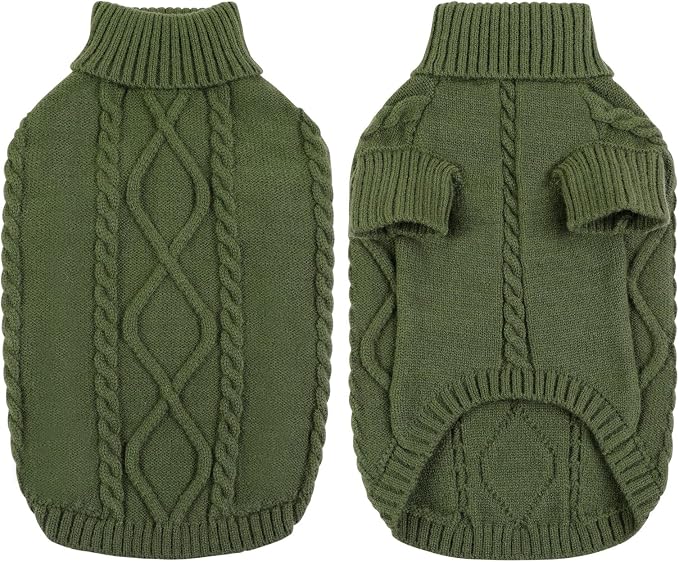 Queenmore Small Dog Pullover Sweater, Cold Weather Cable Knitwear, Classic Turtleneck Thick Warm Clothes for Chihuahua, Bulldog, Dachshund, Pug (Army Green, X-Small)