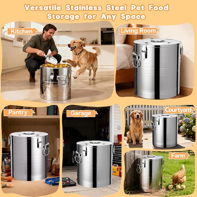 40lb Dog Food Storage Container, Airtight Stainless Steel | Extra Large Capacity, Rust-Proof, Moisture-Proof, Deters Pets from Opening & Stealing Food, Easy to Clean, Keeps Food Crispy