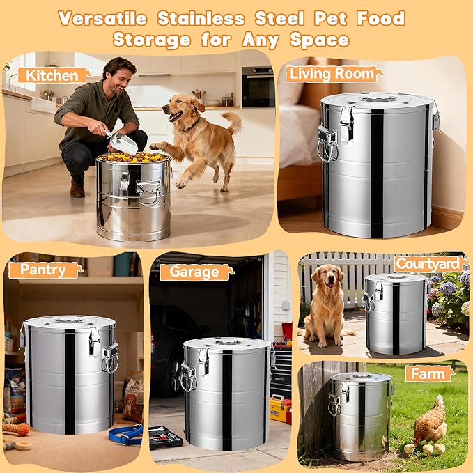 UPSKYPET35lb Dog Food Storage Container, Airtight Stainless Steel | Extra Large Capacity, Rust-Proof, Moisture-Proof, Deters Pets from Opening & Stealing Food, Easy to Clean, Keeps Food Crispy