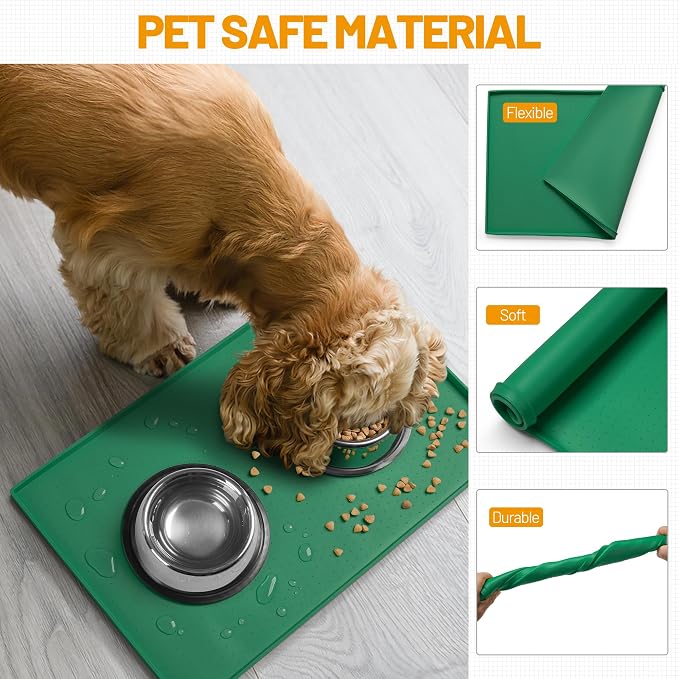 Hubulk Dog Feeding Mat,100% Waterproof Food Grade Silicone Pet Food and Water Bowl Placemat,Dishwasher, High Raised Edge to Prevent Spills,Nonslip Tray to Stop Messes on Floor（28"x18"x0.8",Hunter ）