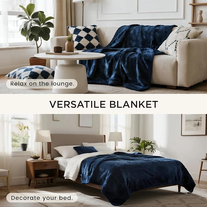 gogobunny Waterproof Bed Blanket, Reversible Sherpa Fleece Throw Blanket for Dog Puppy Cat, Furniture Cover Protects Bed Couch Sofa from Liquid Pee and Pet Fur (Navy Blue, 90x90 inches)