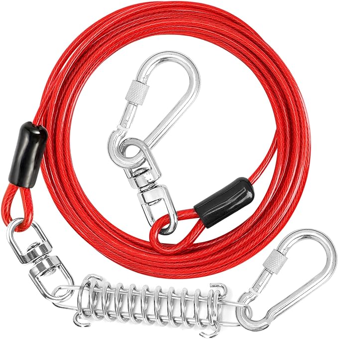 jenico Dog Tie Out Cable - 25ft Dog Lead for Yard - Heavy Duty Dog Chain with Shock Spring - Outdoor Tether Leash for Small Large Dogs Up to 500 lbs