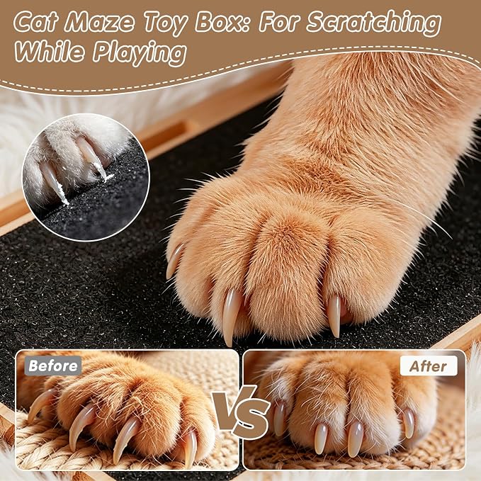 Wooden Cat Scratch Puzzle Enrichment Box, with 3 Balls & 1 Wand | Integrated Cat Nail File Scratcher with Sandpaper Liner - Stress Free Alternative to Clippers & Grinders for Indoor Cats (S)