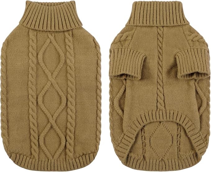 Queenmore Small Dog Pullover Sweater, Cold Weather Cable Knitwear, Classic Turtleneck Thick Warm Clothes for Chihuahua, Bulldog, Dachshund, Pug (Light Brown, X-Large)