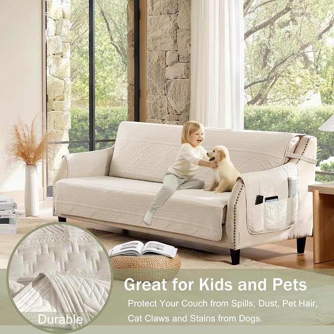 Boho Beige Quilted Recliner Covers, Water-Repellent Recliner Slipcovers, Lazy Boy Chair Covers, Pet Friendly Recliner Cover for Dogs Cats, Washable Furniture Protector (Recliner 22", Beige)