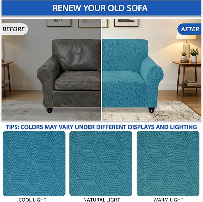 ZNSAYOTX Stretch Couch Cover, 1 Piece Sofa Covers for 2 Cushion Couch, Jacquard Loveseat Slipcovers with Elastic Bottom Thickened Furniture Protector for Dog Cat Pet (Medium, Peacock Blue)