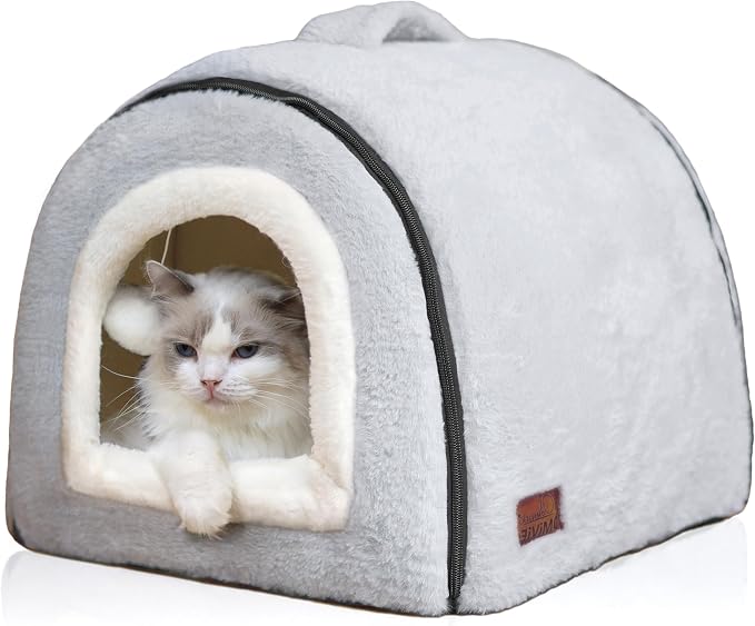 Cat Bed for Indoor Cats，Foldable cat cave，Anti-Slip & Water-Resistant Bottom，cat Houses for Indoor Cats or Small Dogs, Kitten Tent, Rabbit Bed，2 in 1 pet Bed (Grey)