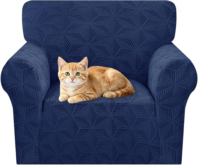 ZNSAYOTX Stretch Chair Cover, 1 Piece Couch Covers for 1 Seat Sofa, Jacquard Armchair Slipcovers with Elastic Bottom Thickened Furniture Protector for Dog Cat Pet (Small, Navy Blue)