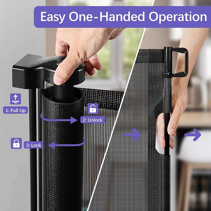 Reinforced 42" Tall Pet Gate 96" Wide Retractable Baby Gate, Indoor/Outdoor | Tall Retractable Dog Gate Prevents Crawling Under, One-Hand Operation Safety Lock, Scratch-Resistant Mesh, Easy Install/Black