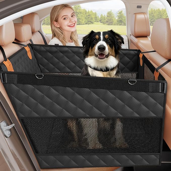 Dog Car Seat for Large Medium Dogs, Back Seat Extender for Pets with Hard Bottom, Strong Support Waterproof Dog Seat Cover with 3 Mesh Windows for Cars, Trucks and SUVs